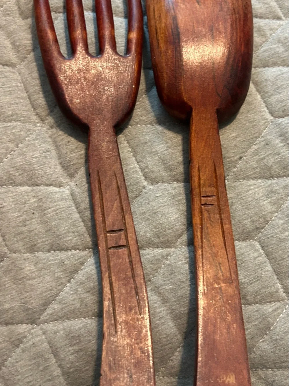 Hand-Carved Wooden Salad Serving Spoon and Fork - Brown